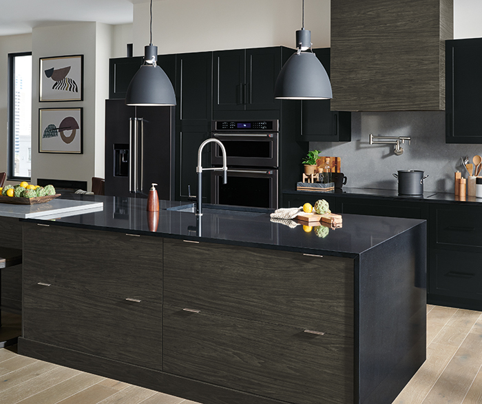 Modern Black and Woodgrain Textured Feather Kitchen Cabinets