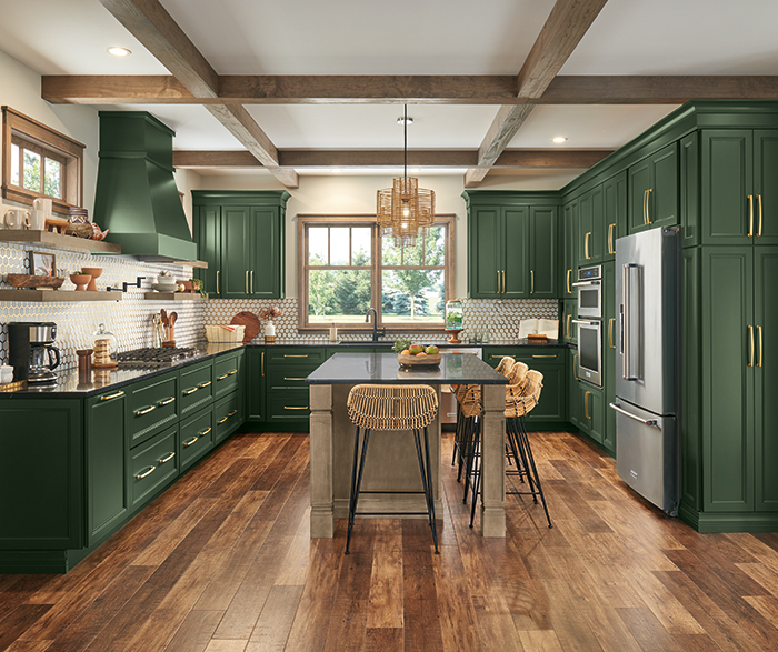 Thomasville - Casual Deep Green and Brown Kitchen Cabinets