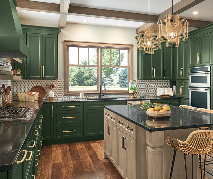 Thomasville - Casual Deep Green and Brown Kitchen Cabinets