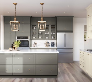 Modern kitchen with gray and white cabinetry, a stainless steel hood, and pendant lighting over the island. Image for the Quick Shop option.